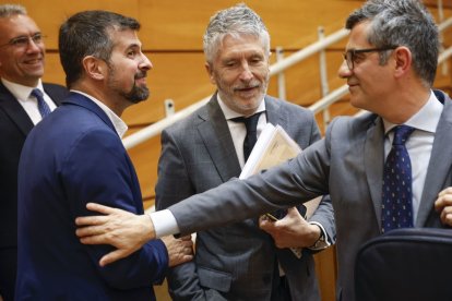 Bolaños saluda al nuevo senador Tudanca ante el ministro Marlaska ayer, en el Senado.