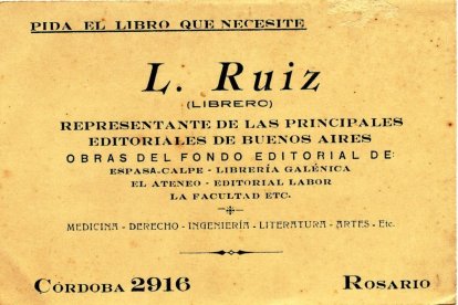 Tarjeta personal de Laudelino Ruiz. Córdoba 2916, Rosario.