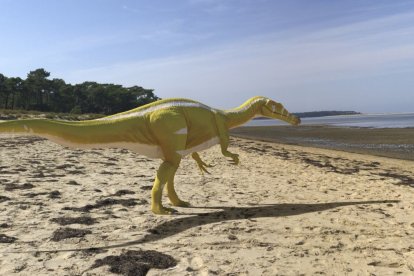 Recreación artística de un espinosaurio en una playa de Castellón.