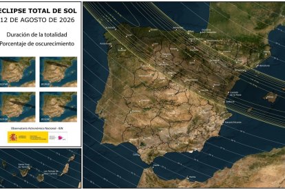 Mapa con la franja donde será visible el eclipse de sol el próximo verano.  Morala y los astrónomos observan la presentación.