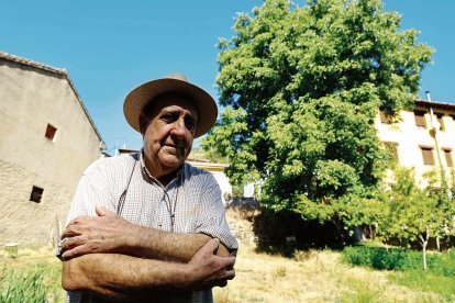 Jesús Moreno posa en su huerta con el nogal centenario de fondo.