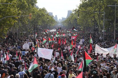Manifestación convocada por más de 600 entidades y sindicatos en apoyo a Palestina y contra el "genocidio" de Israel, este sábado, en Barcelona. EFE/ Enric Fontcuberta.