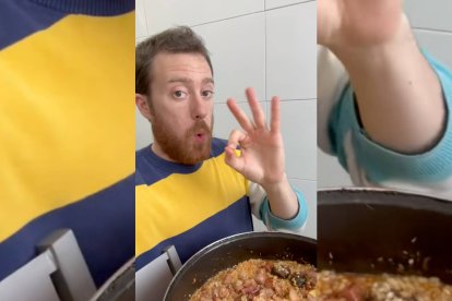 El creador de contenido @comeconhumor muestra el arroz a la zamorana mientras destaca su sabor con un gesto de aprobación.