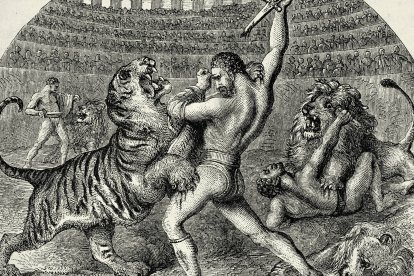 Ilustración de época victoriana (1860s) que recrea a bestiarii, gladiadores especializados en luchar contra fieras, enfrentándose a tigres y leones en el Coliseo de Roma. Escenas como esta eran habituales en las venationes, los espectáculos matutinos del circo romano.