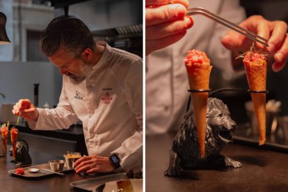 El chef de ConMimo, en León, en plena elaboración de uno de sus icónicos entrantes: conos de tartar servidos con precisión milimétrica y un guiño artístico al emblema de la ciudad.