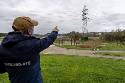 Felipe González, técnico de SEO/BirdLife señala un tendido peligroso para las aves en Cantabria.