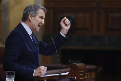 El presidente del PP, Alberto Núñez Feijóo, interviene desde la tribuna de oradores tras la intervención del presidente del Gobierno, Pedro Sánchez, que ha comparecido este miércoles ante el pleno del Congreso para hablar sobre la crisis ferroviaria tras los accidentes de Adamuz (Córdoba) y Barcelona, y sobre la agenda internacional.