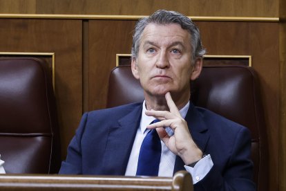 El líder del PP, Alberto Núñez Feijóo, durante la sesión de control al Gobierno que se celebra este miércoles en el Congreso. EFE/ Chema Moya.