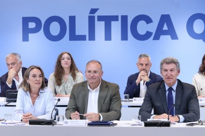 Archivo - La vicesecretaria de Regeneración Institucional del Partido Popular, Cuca Gamarra, el secretario general del PP, Miguel Tellado, y  presidente del PP, Alberto Núñez Feijóo, en la reunión del Comité Ejecutivo del partido, a 28 de julio de 2025, e.