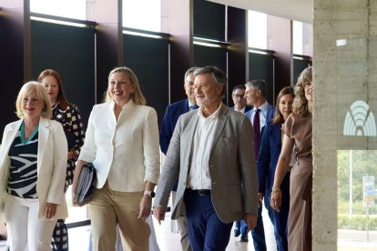 Isabel Blanco llega con su equipo a la comparecencia en las Cortes.
