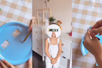 Marta Rubio muestra paso a paso cómo convertir un plato de cartón en un soporte para las gafas homologadas del eclipse, una idea pensada para ayudar a que los niños las mantengan bien colocadas