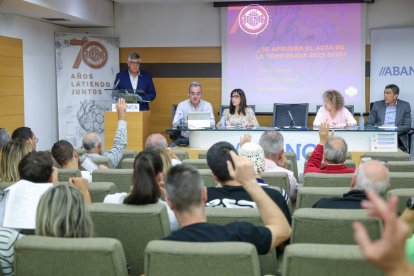 Cayetano Franco, presidente del Ademar, en el atril, mientras se realiza una votación durante la asamblea de socios.