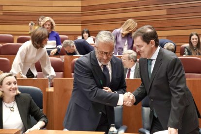 Pollán y Mañueco se estrechan la mano ayer, en el pleno de las Cortes.