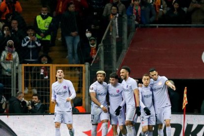 El Barcelona celebra uno de los goles marcados en Liga Europa en la 2021-22.