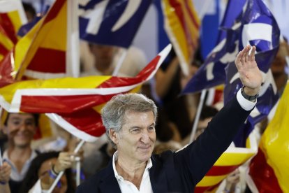 Feijóo ayer, en el acto de precampaña en Barcelona para encumbrar a Obiols.