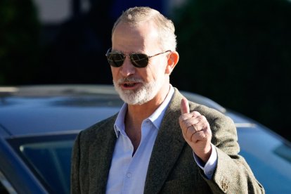 El rey Felipe VI en el coche oficial al salir del Teatro Campoamor de Oviedo este viernes. EFE/Ballesteros.