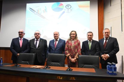 Díaz Villarig (en el medio) con los consejeros de Sanidad de Cantabria, César Pascual; CyL, Alejandro Vázquez; La Rioja, María Martín; Comunidad Valenciana, Marciano Gómez, y Galicia, Antonio Gómez. Apelaron a la flexibilidad para atender las necesidades de los profesionales, las carencias sanitarias y la calidad de la asistencia. «En CyL tenemos un hecho diferencial que es el Consejo de la Profesión, etre todos tendremos que ceder y llegar a buen puerto», indicó Villarig.