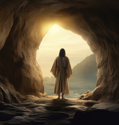 Representación gráfica, creada mediante tecnología digital, del instante en que Jesucristo sale de su sepulcro, tras volver a la vida después de su muerte en la cruz.