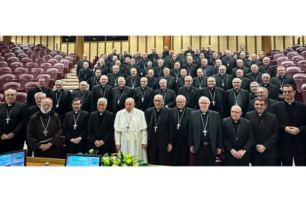 Los obispos españoles en una foto con el Papa durante la reunión en el Vaticano. DL