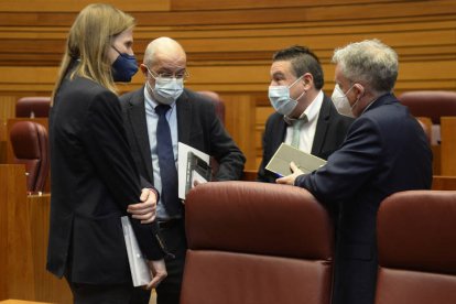 Pablo Fernández, Francisco Igea, Luis Mariano Santos y Ángel Ceña conversan en el hemiciclo. García-Gallardo y Fernández Mañueco, al finalizar el pleno. NACHO GALLEGO