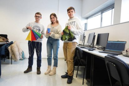Javier Fresco, Victoria Santamarta y Martín Carrera son los alumnos que han desarrollado el proyecto, junto a Miguel ángel Díez. J. NOTARIO