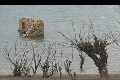 Los restos de las casas conviven  con la vegetación en el fondo del pantano
