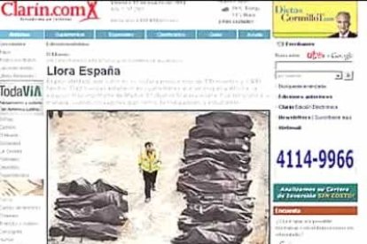 El rotativo argentino titula en grandes caracteres «Llora España», con una foto de la hilera de cadáveres.