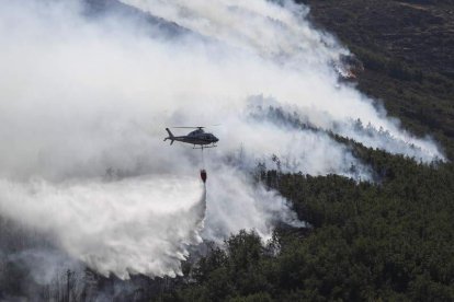Un helicóptero descarga en el monte.
