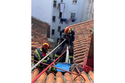 La intervención en Monja Etheria ha requerido gran destreza por parte de los bomberos. BOMBEROS DE LEÓN
