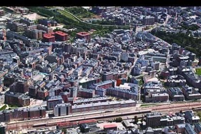 Vista general de Ponferrada, la plaza del Ayuntamiento, el castillo del Temple, los grandes puentes de la ciudad y encuentro del río Boeza con el Sil