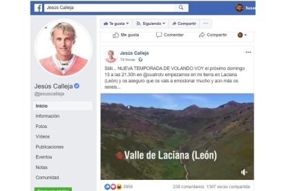 Facebook de Jesús Calleja en el que anuncia su programa en Laciana.