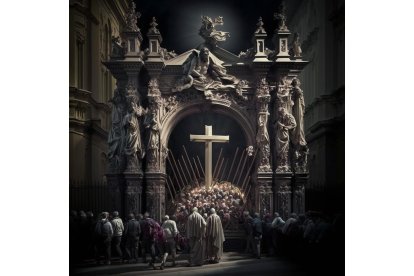 Imagen generada por la herramienta Midjourney, que utliza la inteligencia artificial para crear fotos basadas en lo que dicen los usuarios sobre un asunto concreto, en este caso la Semana Santa de León. DL