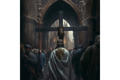 Imagen generada por la herramienta Midjourney, que utliza la inteligencia artificial para crear fotos basadas en lo que dicen los usuarios sobre un asunto concreto, en este caso la Semana Santa de León. DL