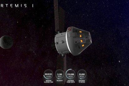 Imagen cedida por la Nasa que muestra una recreación de la cápsula Orión con referencias al tiempo transcurrido, velocidad, distancia a la Tierra y la Luna. NASA
