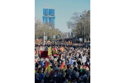 Miles de personas llenan esta sábado la plaza de Cibeles de Madrid con banderas de España, convocadas por diversas asociaciones para protestar contra el Gobierno de Pedro Sánchez y 