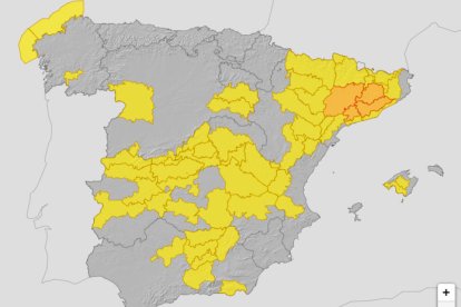 Mapa con las provincias en situación de aviso por altas temperaturas publicado por la Agencia Estatal de Meteorología. AEMET