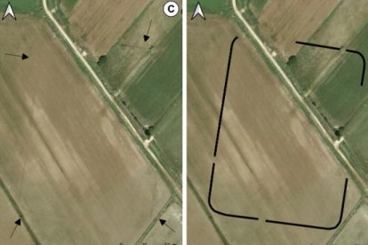Interpretación de la línea defensiva del campamento de Navafría (León) sobre ortofotografía aérea (Imagen creada por los autores del artículo a partir de ortofotografía de 2008 del Plan Nacional de Ortofotografía Aérea). ROMAN ARMY EU