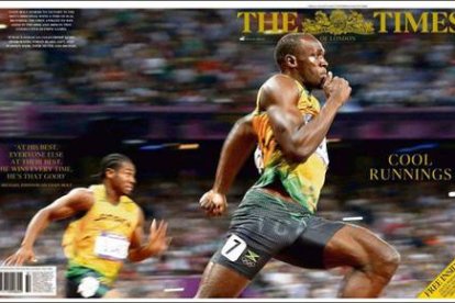 Portada doble de 'The Times' sobre el récord de Usain Bolt en Londres 2012.