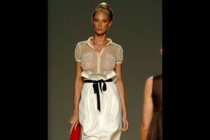 Falda de talle alto recogida a la cintura y blusa de organza transparente.