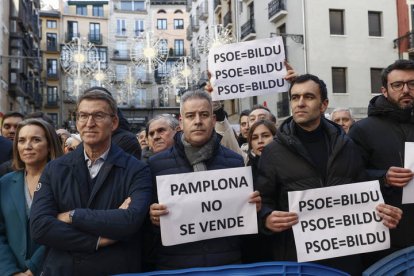 Miles de personas, con Feijóo a la cabeza, participan en la concentración de Pamplona contra la moción de censura. JESÚS DIGES