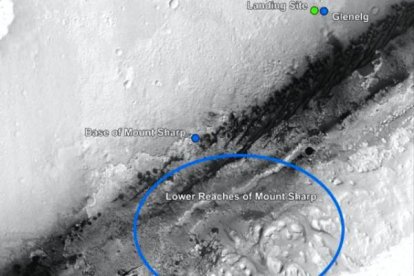 El robot 'Curiosity'cayó en el interior del cráter Gale en el punto verde, dentro de la Hoja de Yellowknife. Foto: NASA