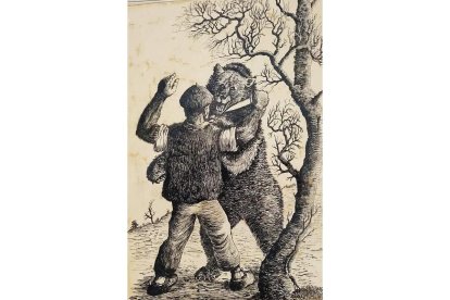 Ilustración del propio Benigno Suárez Ramos que sirvió de portada a la edición original de 1976 de ‘El tío Perruca’, novela costumbrista escrita en castellano con diálogos en leonés, obra del fraile hospitalario. La reedición de 2022 cuenta con el mismo dibujo. BENIGNO SUÁREZ