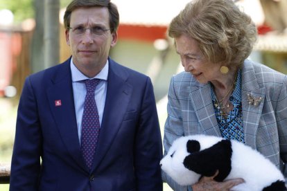 Almeida y la reina Sofía, con un peluche de panda en los brazos.