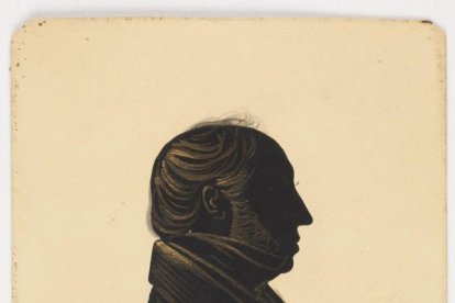 Sobre una cartulina de color crema, silueta recortada en papel negro de caballero. Viste levita con grandes solapas y cuello alto. Los detalles del cabello y partes de la hechura de la chaqueta han sido realizados con pincel y pigmentos dorados. Obra entregada en calidad de depósito por la Comisaría General del Patrimonio Artístico Nacional el 18 de junio de 1943.