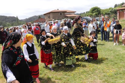 Las niñas reciben a los pastores con pétalos de flores. CAMPOS