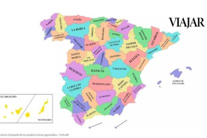 Mapa de la revista Viajar con los pueblos más feos de España, según su criterio.