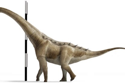 Arqueólogos limpian los dientes del dinosaurio en 2007 y, abajo. recreación del ‘Qunkasaura’. JOSÉ ANTONIO PEÑAS ARTERO