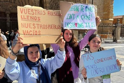 La portada de la Catedral de León fue el marco de la reivindicación por un planeta más habitable y por el mundo rural. DL