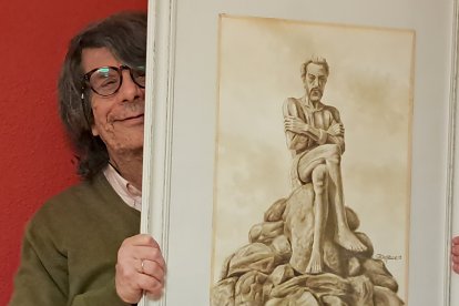 Eduardo Aguirre con una ilustración de Cervantes de Nicolás M. Roa.