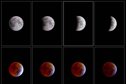 ombo de fotografías donde se observa la luna llena este viernes, durante eclipse lunar, un fenómeno astronómico conocido como 